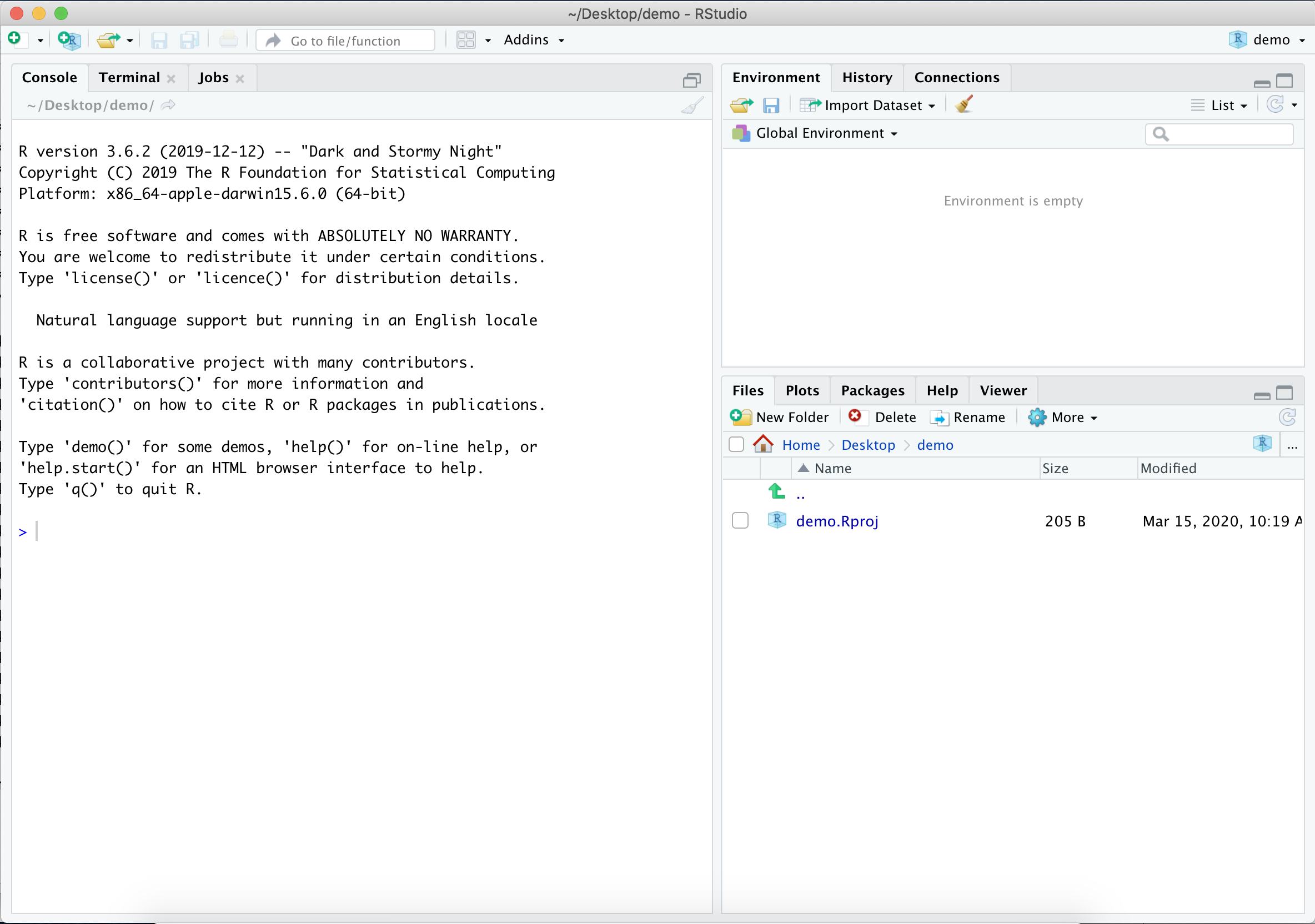 RStudio Default Layout with console, environment, and files