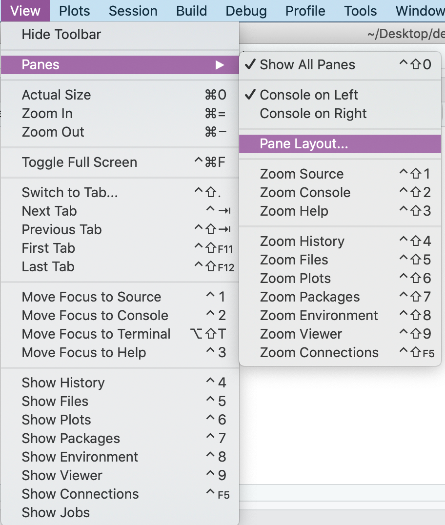 Accessing the Pane Layout from the View Dropdown Menu